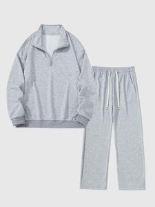 Men's Solid Half Zip Hoodie & Drawstring Waist Pants Set, Casual Long Sleeve Hooded Sweatshirt & Trousers for Spring & Fall, Men's Outfits for Daily Wear