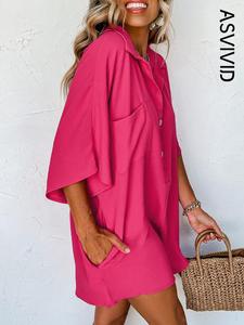 Women's Plain Pocket Button Front Shirt Jumpsuit, Casual Batwing Sleeve Collared Romper for Summer, Minimalist Basic Onesies, Fashion Women's Clothing for Daily Wear