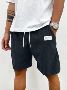 Men's Letter Patched Drawstring Waist Corduroy Shorts,  Casual Pocket Design Shorts for Fall & Winter, Men's Bottoms for Daily Wear