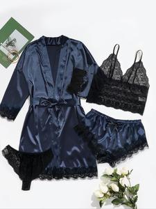 Women's Contrast Lace Belted Satin Pyjama Set, Backless Crop Cami Top & Wrap Robe & Elastic Waist Shorts & Panty Set, Elegant Lingerie, Sleepwear Set for Women