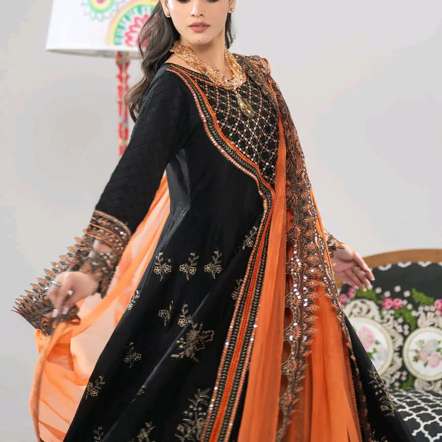 Black and Mustard Maxi with cutwork and embellished with sequins pairs with Chiffon dupatta