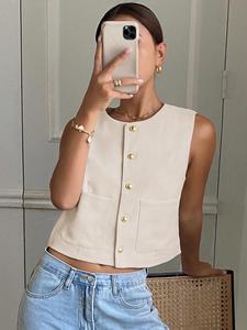 Women's Solid Color Button Vest, Casual Sleeveless Outerwear for Summer, Ladies Clothes for Daily Wear, Womenswear, Tops