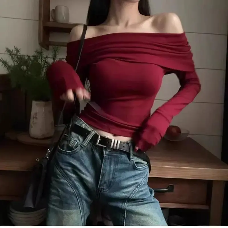 Black Sexy Tops Off Shoulder Long Sleeve T-shirt Women's Solid Elegant Autumn/Winter New Spicy Girl Slim Fit Short Red Crop Top