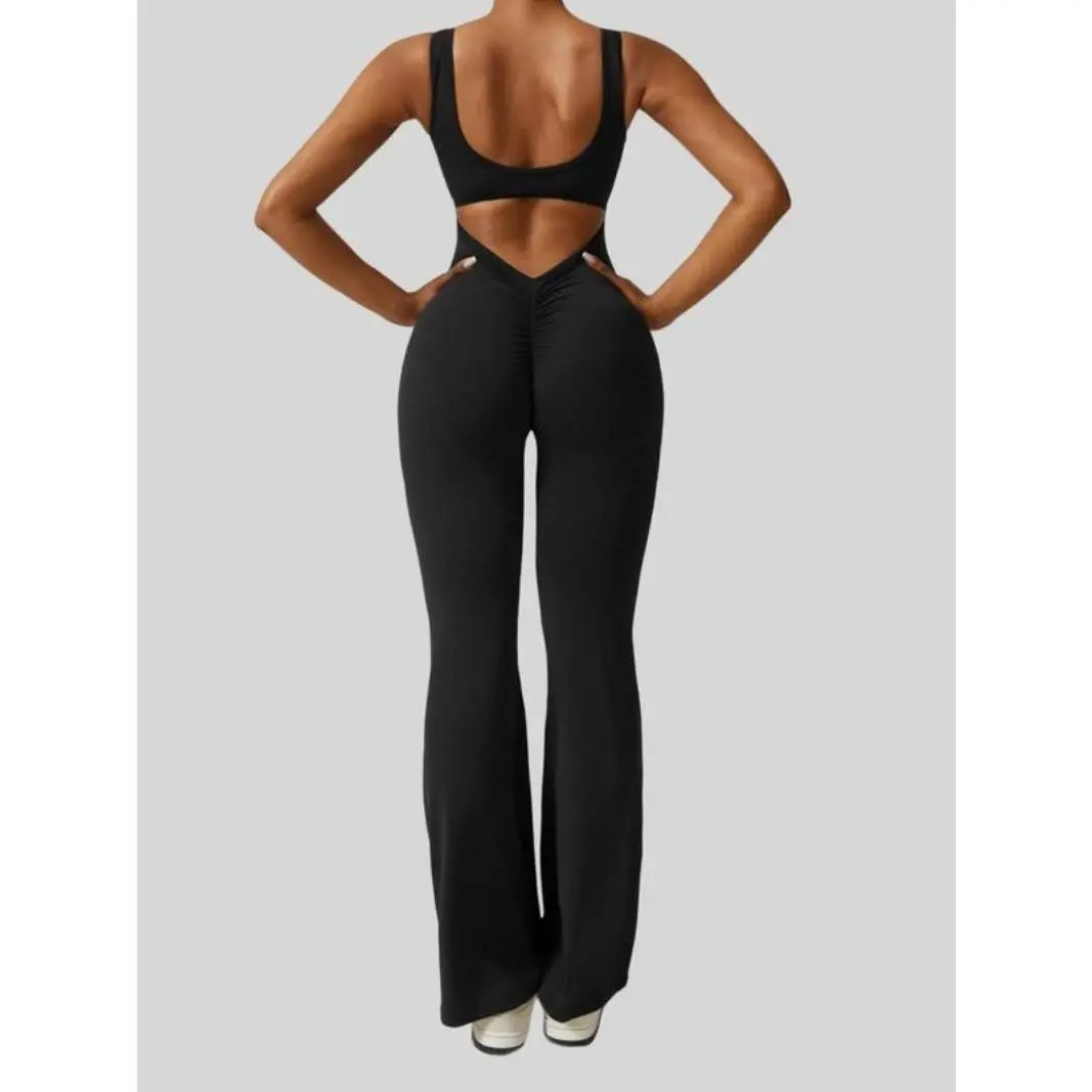 Women's Cut Out Ruched Backless Flare Leg Tank Sports Jumpsuit, Comfy Breathable Seamless Solid Scoop Neck Sleeveless Bell Bottom Jumpsuit for Workout, Ladies' Sportswear Clothing, Gym Clothing, Jumpsuit for Women, Yoga Jumpsuit