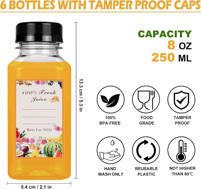 250ml Plastic Juice Bottles 6Pcs - Reusable PET Drink Bottles With Lids 6