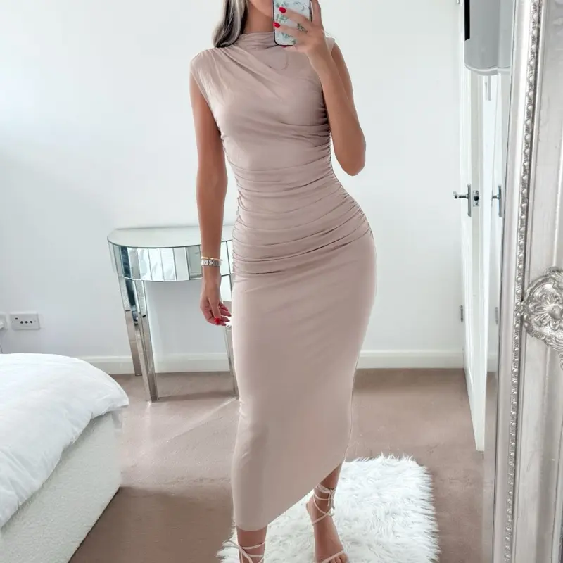 ‘Tori’ Taupe Ruched bodycon dress 3