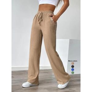 Women's Basic Solid Drawstring Waist Straight Pants Summer Casual Textured Pocket Long Pants Women's Daily Bottoms Womenswear Hip drawstring  waist jeans double denim lace trousers cargo  pants  women slacks  pants  women petite  trousers  women