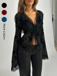 Women's Plants Print Tie Front Top, Casual Long Sleeve  Top for Spring, Women's Clothing for Daily Wear