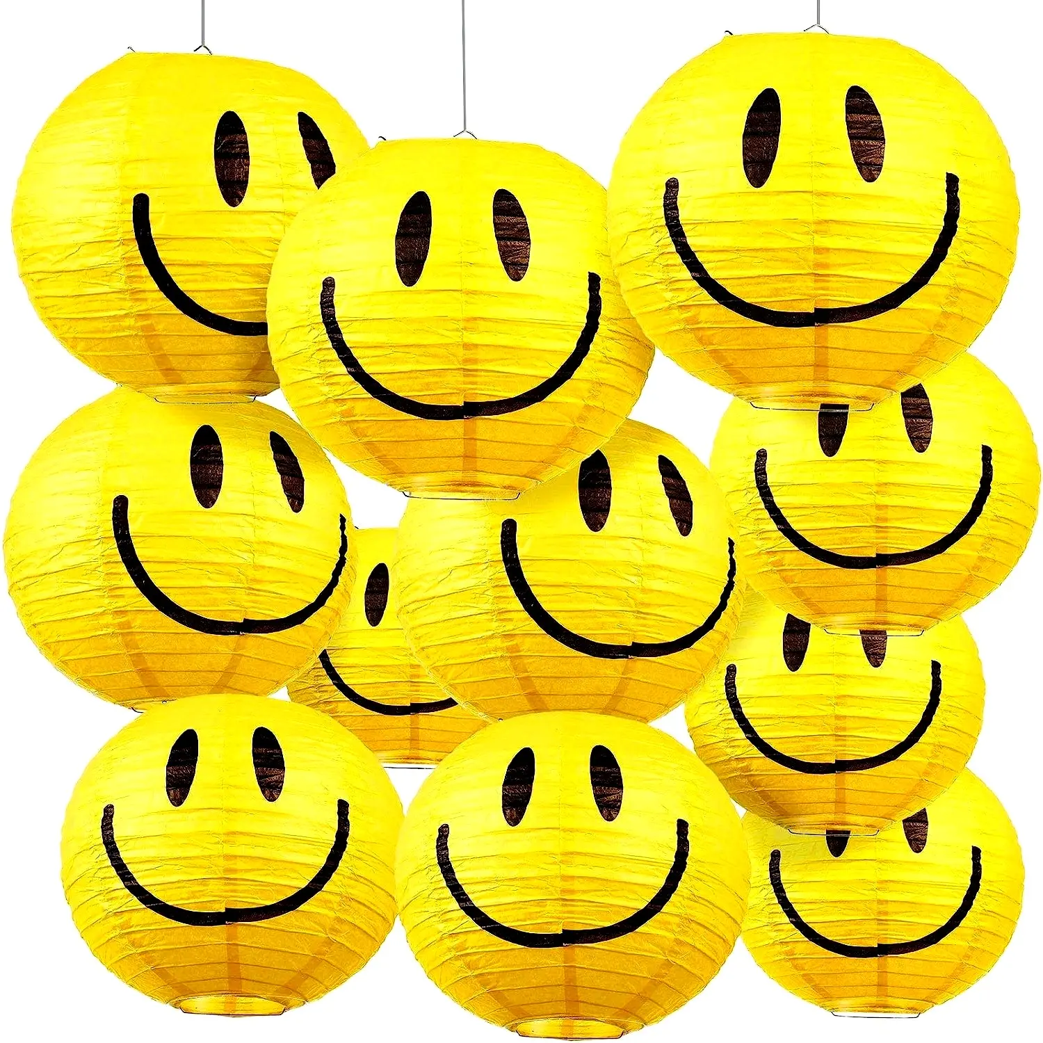 3-Pack Happy Face Paper Lanterns for Parties and Birthdays - Yellow Round Hanging Decoration Props for Photography, No Electricity Needed, Durable Craft Material