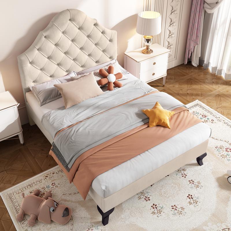 Upholstered bed 90*190 with slatted frame and headboard, Upholstered bed with height-adjustable headboard, Youth bed, Single bed, Wooden slat support, Easy assembly, Velvet, Beige 2