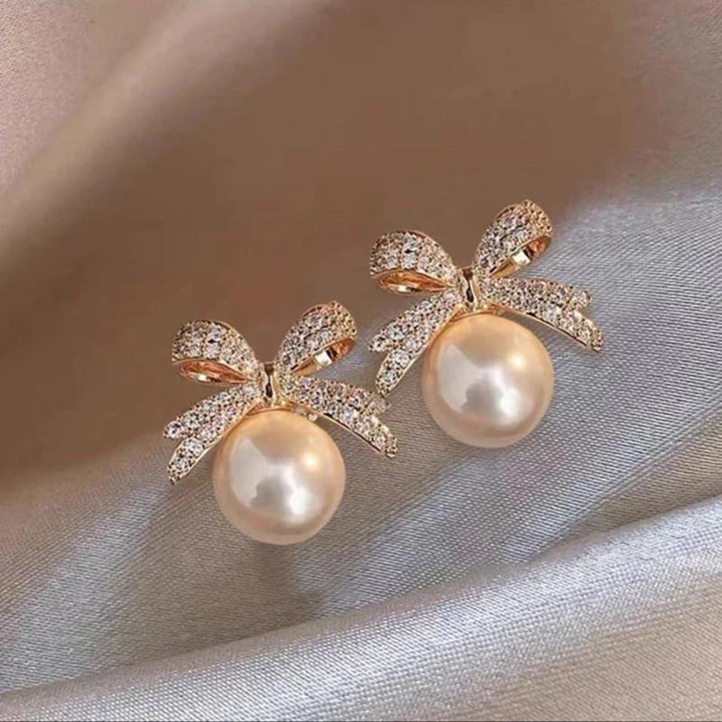 2025 French Elegant Micro Set Zircon Bowknot Pearl Pendant Earrings 2025 New Design Jewelry for Womens Girls Fashion Ear Accessories 4