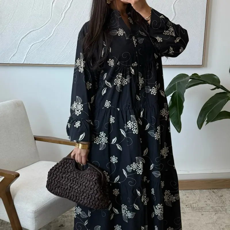 Women's Casual Double Layered Maxi Dresses with Embroidery - Womenswear Summer Comfort Long Sleeve