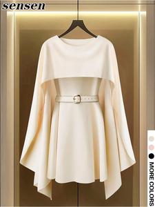 Women's Plain Belted Cloak Sleeve Dress with Belt, Modesty Elegant Fashion Casual Dress for Daily Outdoor Wear, Women Dress for Spring Fall, Modest Solid Color