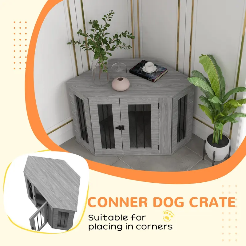 PawHut Dog Crate with Cushion, Conner Dog Crate Furniture, 104 x 55 x 63 cm, Grey 4
