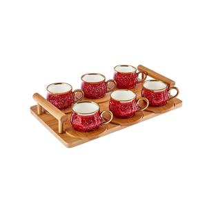 Karaca 12-Piece Bone China Espresso Turkish Coffee Cup Set with Bamboo Tray for 6 People, 90ml, Red Multi