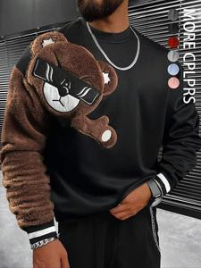 Men's Cartoon Bear Patched Sweatshirt, Regular Fit Casual Long Sleeve Round Neck Pullover for Spring & Fall, Fashion Men's Top for Daily Wear