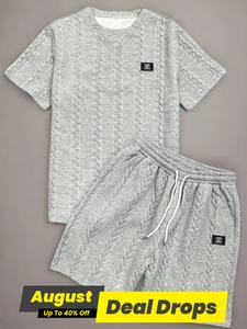 Men's Solid Textured Patched Tee & Drawstring Waist Shorts Set, Regular Fit Casual Round Neck Shortsleeve T-shirt & Shortsleeve Shorts, Men's Summer Clothes, Summer Outfits, Matching, Menswear, Knit Set, Athleisure