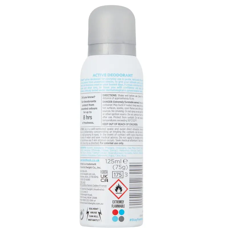 Femfresh Intimate Skin Care Active Deodorant - Gentle  Odour Protection Spray for Long Lasting Freshness For Women - Hypoallergenic Scent, Safe Ultimate Care for a Fresh Feeling – 125ml 2