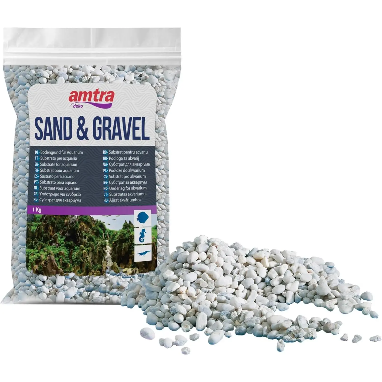 Amtra Gravel - Natural Aquarium Gravel, Decorative Soil, Coarse White Grains Size 4-8mm, Size 1kg, Packaging May Vary