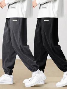 Men's Letter Patched Drawstring Waist Corduroy Pants, Casual Comfy Pocket Jogger Trousers for Fall & Winter, Men's Bottoms for Daily Wear