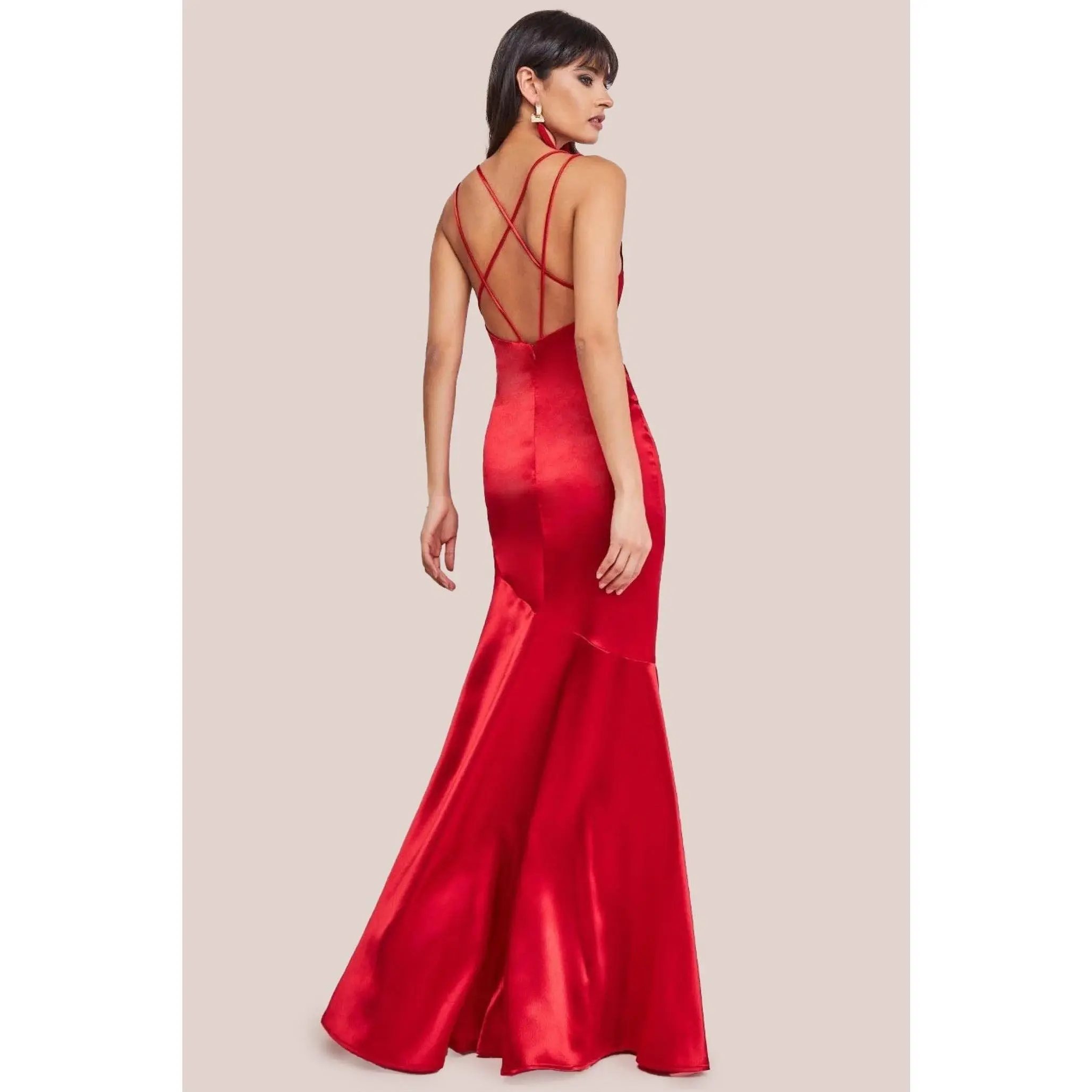 Goddiva Cowl Neck With Strappy Back Satin Maxi - Red