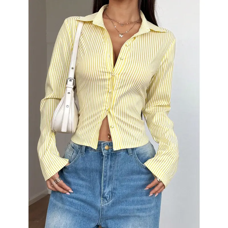 Pariaura French Style Slim Fit Long Sleeve Blue & White Striped Elegant Commuter Woman Shirt 3