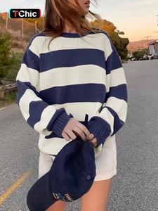 Women's Striped Print Drop Shoulder Sweater, Casual Long Sleeve Round Neck Jumper, Fashion Women's Knitwear for Daily Wear, Womenswear