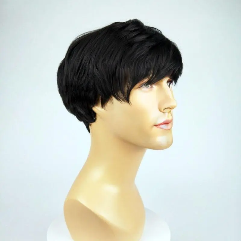 New synthetic synthetic fiber wig men's short black hair full head hair micro volume high temperature silk full head wig 2