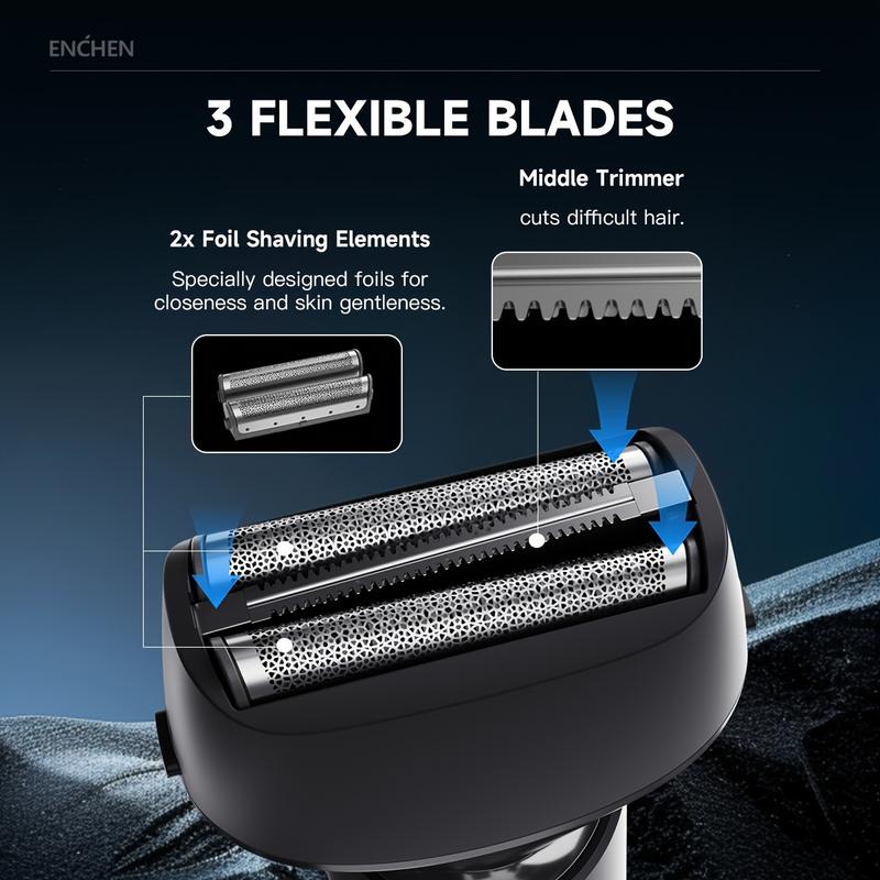 Product Introduction of Electric Shaver, Hair Trimmers & Clippers, 3 Flexible Blades Waterproof ,Type C, Smart Travel Lock, Shave Wet or Dry, Multi-Funtional Display 7