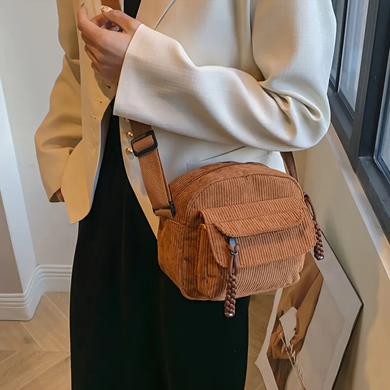 A&H     Harajuku-Style Vintage Corduroy Crossbody Bag - Japanese Casual Shoulder Handbag with Zipper, Striped Design and Polyester Lining - Unisex 3