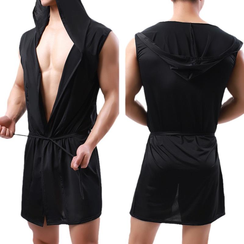 European Style Men's Bathrobe Cool Milk Silky Men's Hooded Sleeveless Thin Pajama Set with Underwear 4