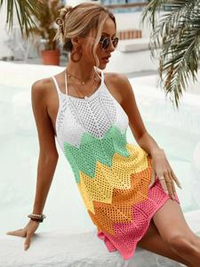 Elegant Summer Dress, Colorblock Hollow Out Spaghetti Strap Dress, with Delicate Crochet Design, Perfect for Beach Vacations and Special Occasions, Suitable for All Body Types, Lightweight and Comfortable Clothing, Crochet Cover Ups