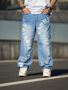 Men's Letter Patched Washed Distressed Straight Leg Jeans, Loose Street Fashion Casual Comfy Pocket Denim Trousers for Daily Wear, Fashion Men's Bottoms for All Seasons, Cotton