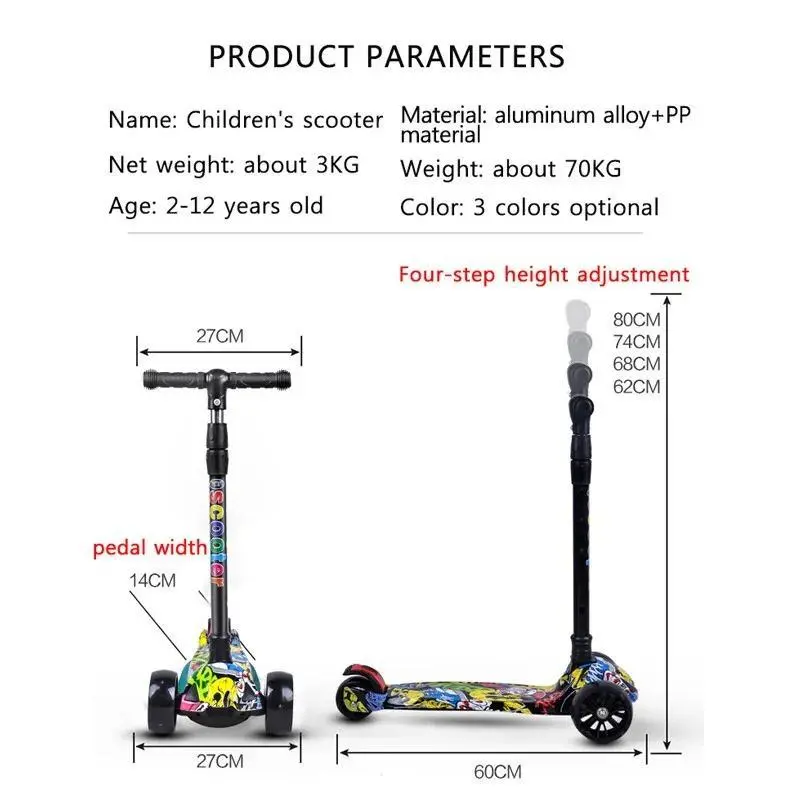 Kids Scooter LED Light Up 3 Wheel Push Child Kick Flashing Adjustable Folding 3