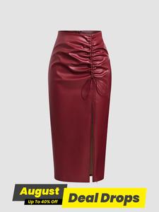 Women's Ruched Adjustable Drawstring Split Thigh PU Leather Skirt, Fashion Casual Slim Fit High Waist Long Skirt for Daily Wear, Women's Bottoms for Spring & Fall, Womenswear, Lady Formal Elegant Skirt
