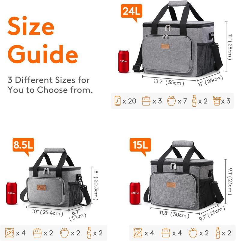 15L (24 Cans) Insulated Lunch Bag, Cooler Bag for Lunch/Work/School/Beach/Picnic (Grey) 2
