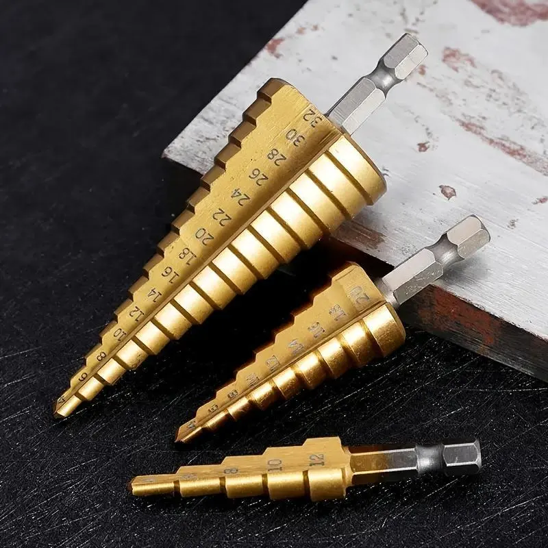 1 Set Metal Step Drill Bit, HSS Titanium Coated Metal Wood Hole Cutter Cone Drilling Tool, High Speed Steel Step Drill Bit Kit for Woodworking