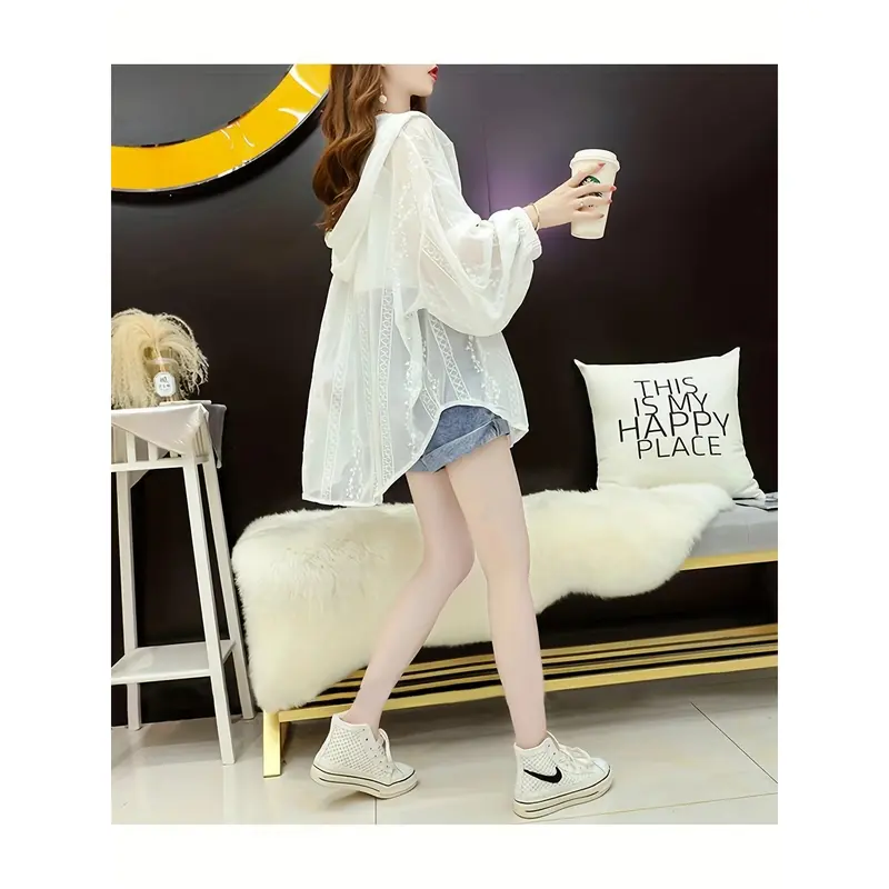 Women's Lightweight Lace Hooded UV Protection Cardigan - Summer Fashion, Breathable Polyester Blend, Sheer White with Floral Patterns 3