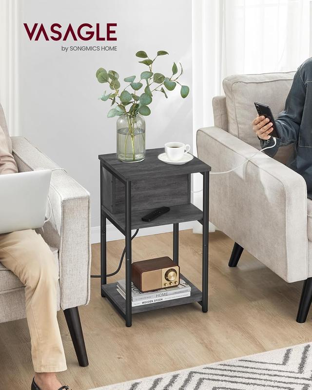 VASAGLE Slim Side Table with Charging Station, Narrow Bedside Table with 2 AC Outlets 2 USB Outlets, 30 x 34 x 58 cm, for Living Room, Bedroom, Rustic Brown and Black LET374B01 1