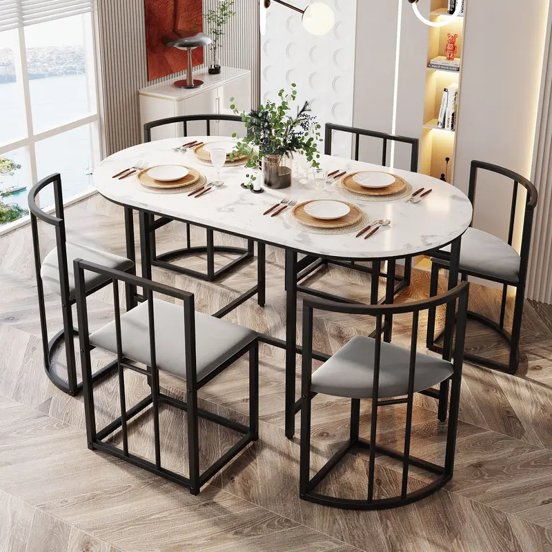 Six-chair dining table set: (White table, chairs with backrests and gray cushions, black iron frame), dining room table and chair set, modern dining table combination 1