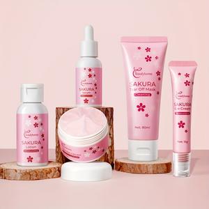 Sakura skincare set, deep moisturizing, brightening, includes lotion, cream, peel-off mask, small and light, travel set, holiday gift Radiant Vegan