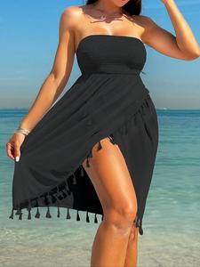 Women's Solid Color Tassel Trim Cover Up Dress, Casual Boho Sleeveless Shirred Beach Cover Up Dress for Beach Holiday Vacation, Ladies Clothes for All Seasons