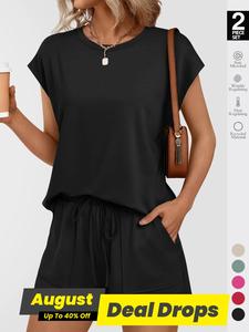 Women's Solid Curved Hem Shortsleeve Tee & Drawstring Waist Shorts Set, Casual Basic Cap Sleeve T-shirt & Pocket Shorts, Ladies Sleepwear for Summer, Loungewear, Womenswear