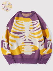 Men's Regular Fit Skeleton Pattern Round Neck Sweater, Casual Long Sleeve Jumper for Fall & Winter, Fashion Men's Knitwear for Daily Wear, Halloween