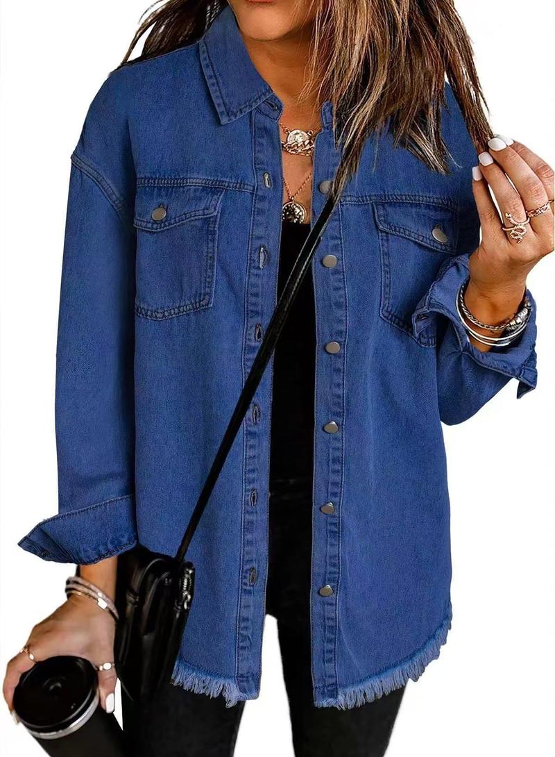 Product Introduction of Women's Denim Coat with Wiped Edge and Pockets - Pure Color Single-Breasted Cardigan Jacket for Loose Fit - Womenswear, Tops 10