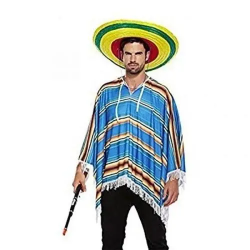 Blue Mexican Poncho Fancy Dress Costume with 2 Maracas 2