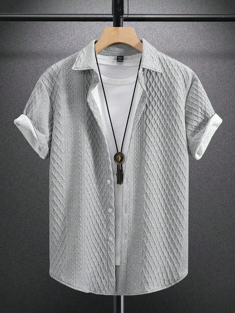Men's Solid Jacquard Short Sleeve Shirt, Casual Regular Fit Short Sleeve Collared Top for Summer, Minimalist Basic Shirts for Men, Going Out Tops, Mens Shirts for Summer, Men's Summer Clothes for Streetwear,  Men's Clothes for Daily Wear. Menswear.