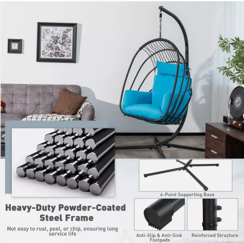 Folding Swing Egg Chair Hanging Chair Swing Basket Chair w/ Stand Cushion Pillow 4