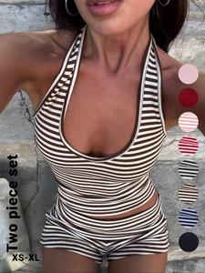 Women's Casual Striped Halter Neck Crop Top & Shorts Outfit Set, Summer Fitted Two-Piece, Regular Length, Moderate Fabric Thickness Womenswear