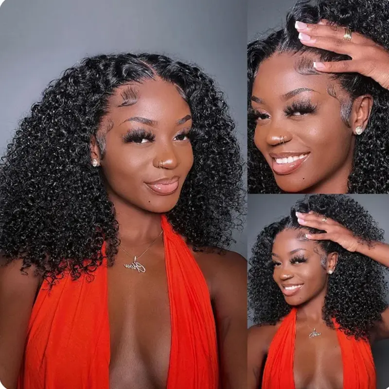 Glueless Short Bob Wigs Kinky Curly Human Hair Wigs 13x4 Transparent Lace Front Wigs Wet And Wavy Jerry Curly Lace Closure Wig 4
